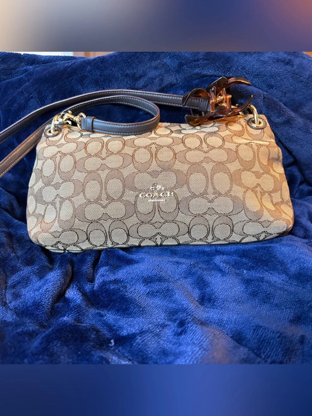 Coach Beige Signature Canvas Shoulder Bag with Brown Leather Strap